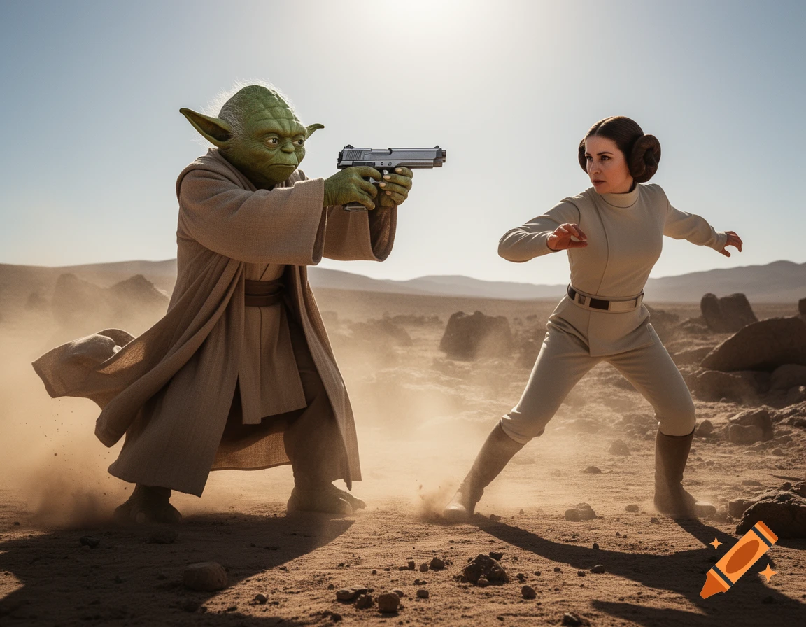 Photorealistic depiction of Yoda aiming a pistol at Leia Organa in a dusty desert landscape.