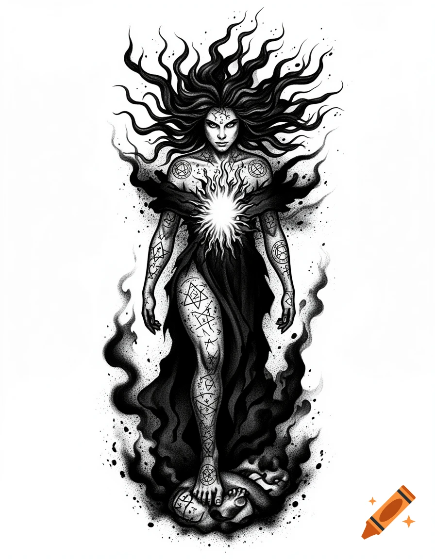 Black and grey tattoo design of a powerful witch covered in occult symbols, with wild hair and light bursting from her chest, standing in a dominant pose amidst smoke.