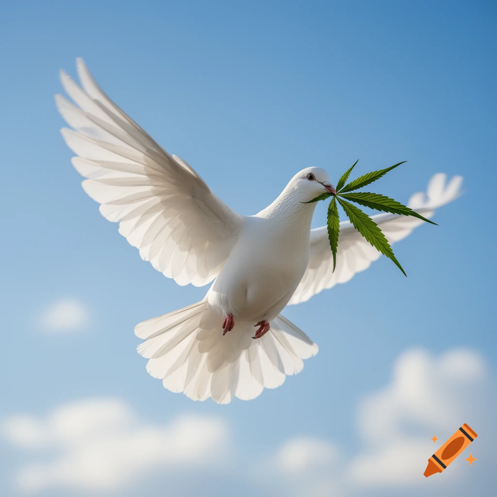 Photorealistic image of a white peace dove flying with a green cannabis leaf in its beak against a bright blue sky.