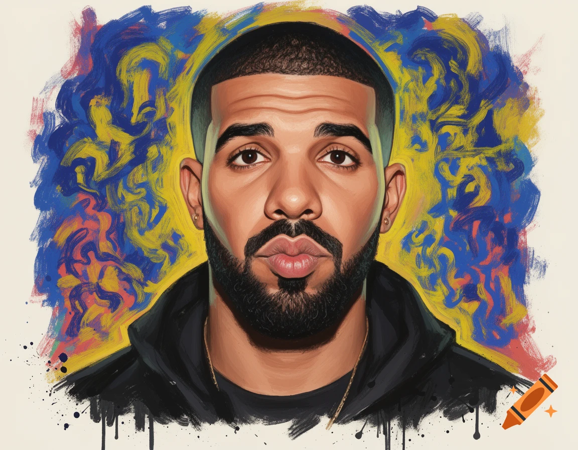 Stylized portrait painting of Drake with a beard, against an abstract blue and yellow background.