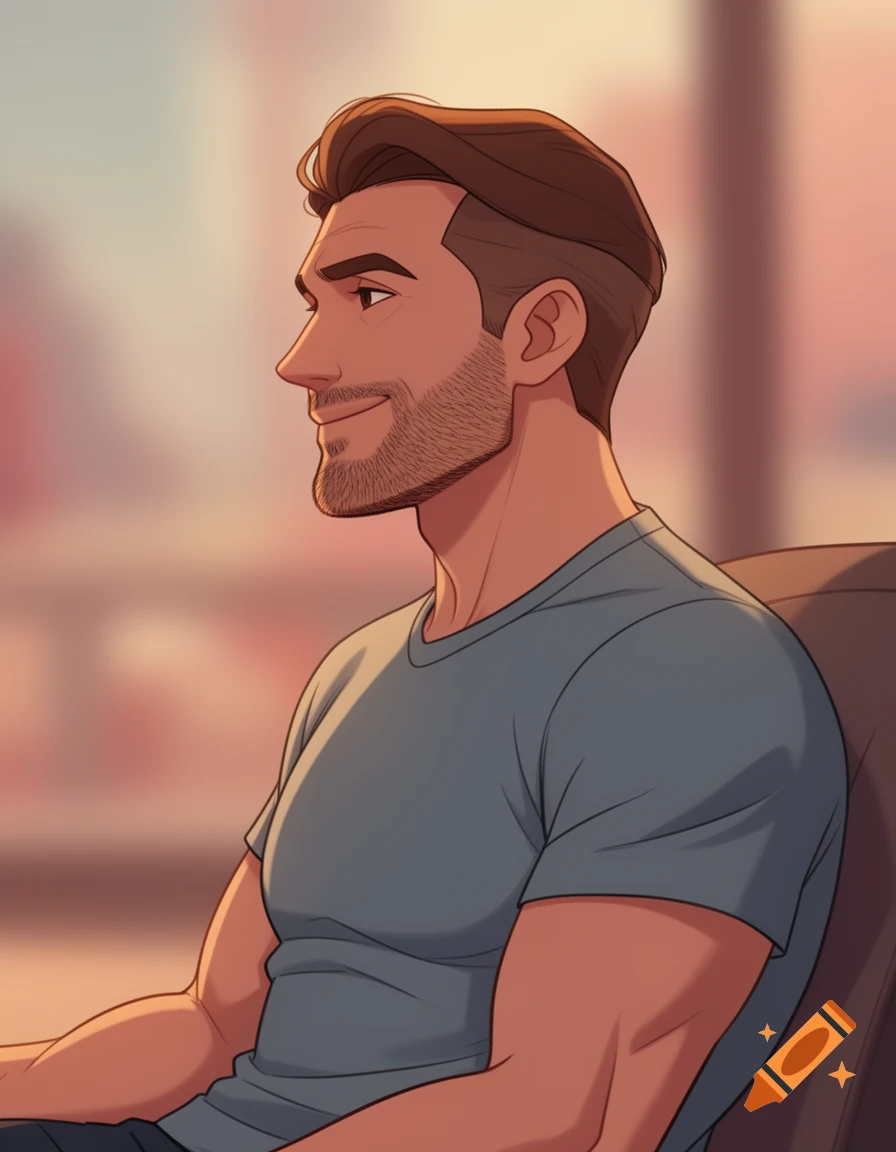 Animated side profile of a smiling man with brown hair and a short beard, wearing a grey t-shirt.