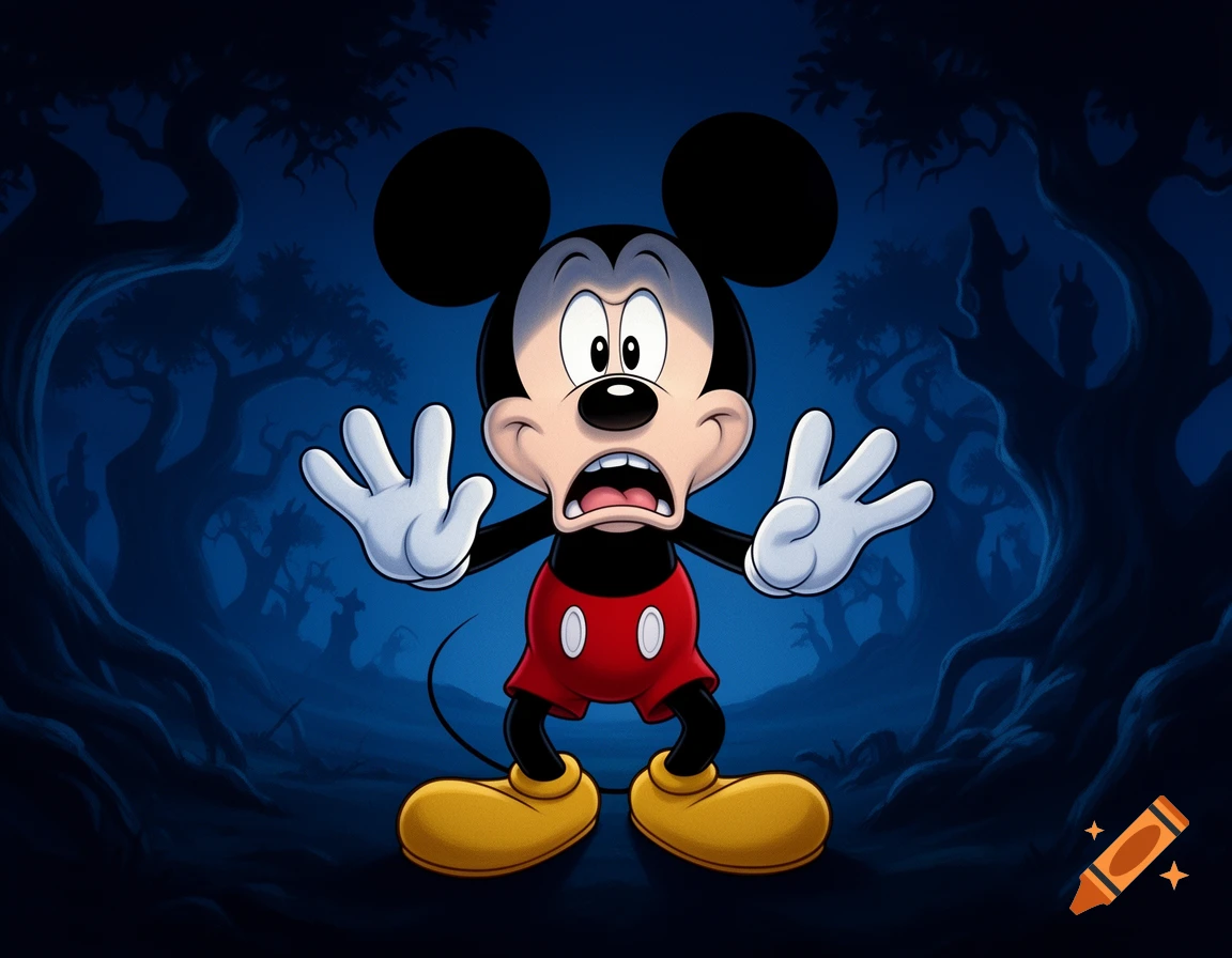 Mickey Mouse looks scared with arms raised in a dark, stylized forest cartoon.