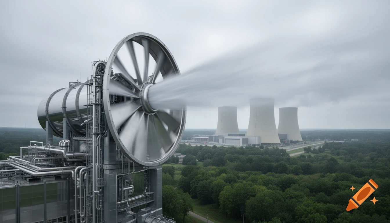 A massive industrial fan blows vapor across a forested landscape with three nuclear cooling towers in the background under an overcast sky.