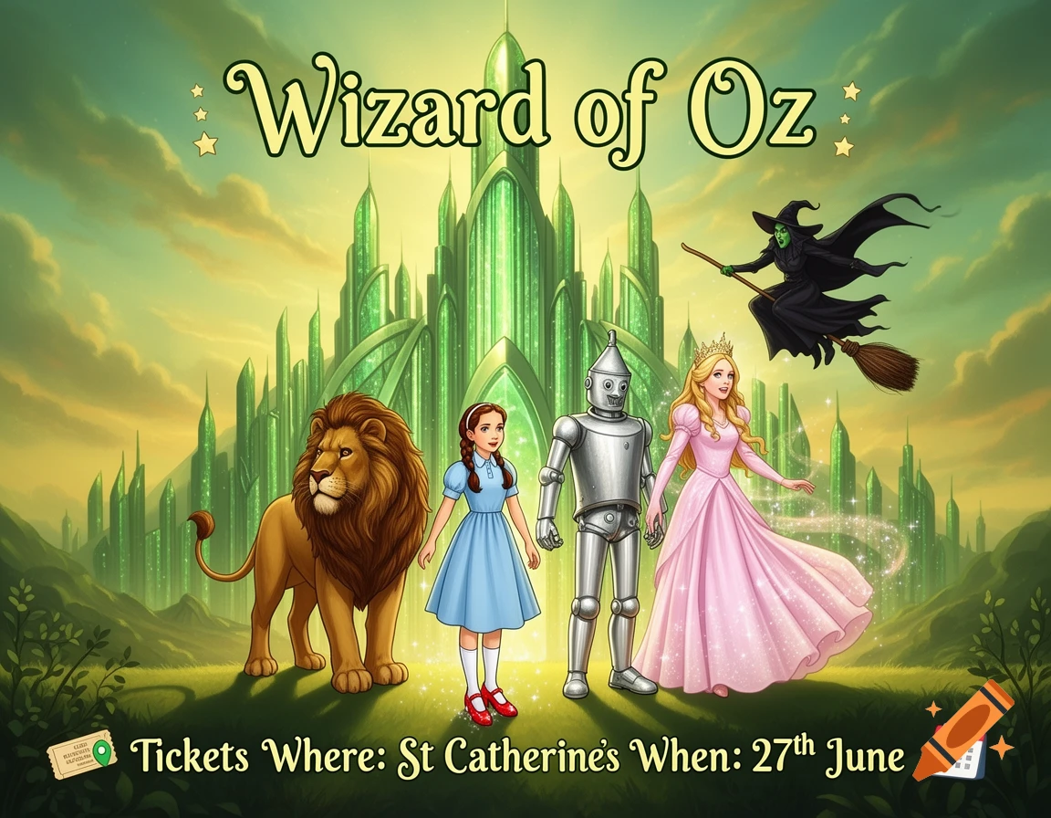 An illustration of Wizard of Oz characters including Dorothy, the Cowardly Lion, Tin Man, Glinda, and the Wicked Witch, standing before the Emerald City. Text advertises 'Wizard of Oz' and 'Tickets Where: St Catherine's When: 27th June'.