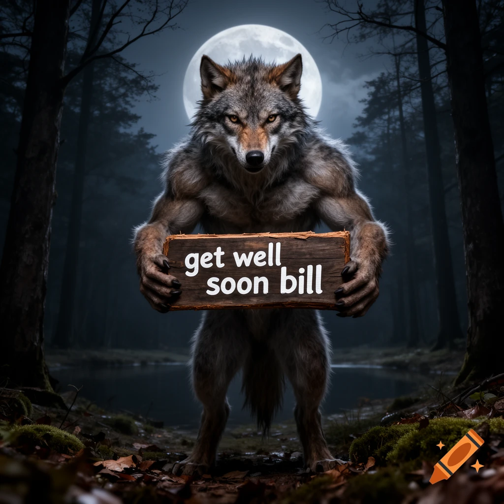 Photorealistic werewolf in a moonlit forest holds a 'get well soon bill' sign.