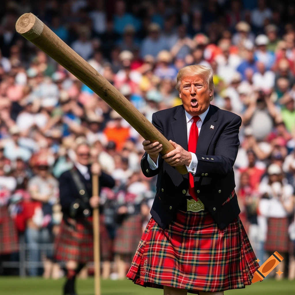 Photorealistic image of Donald Trump in a kilt holding a large wooden caber, with a crowd in the background.