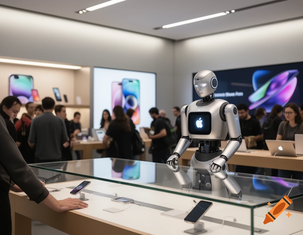 A photorealistic silver robot with an Apple logo on its chest stands behind a glass display table in a busy Apple Store.