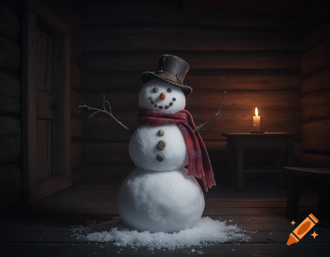 Photorealistic snowman in a top hat and red scarf, standing on snow inside a dark rustic log cabin with a lit candle.