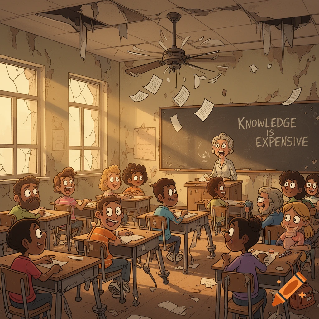 A cartoon of a dilapidated classroom with a teacher and diverse students, with the blackboard reading 'KNOWLEDGE IS EXPENSIVE'.
