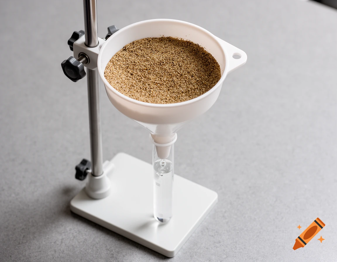 A scientific setup with a funnel full of sand on a stand, dripping water into a test tube, on a grey table. Photorealistic.