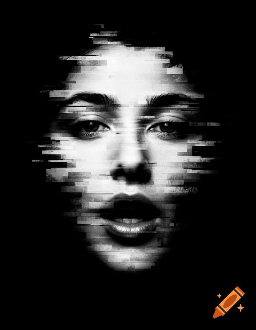 Black and white abstract portrait of a human face with a prominent glitch effect, set against a dark background.