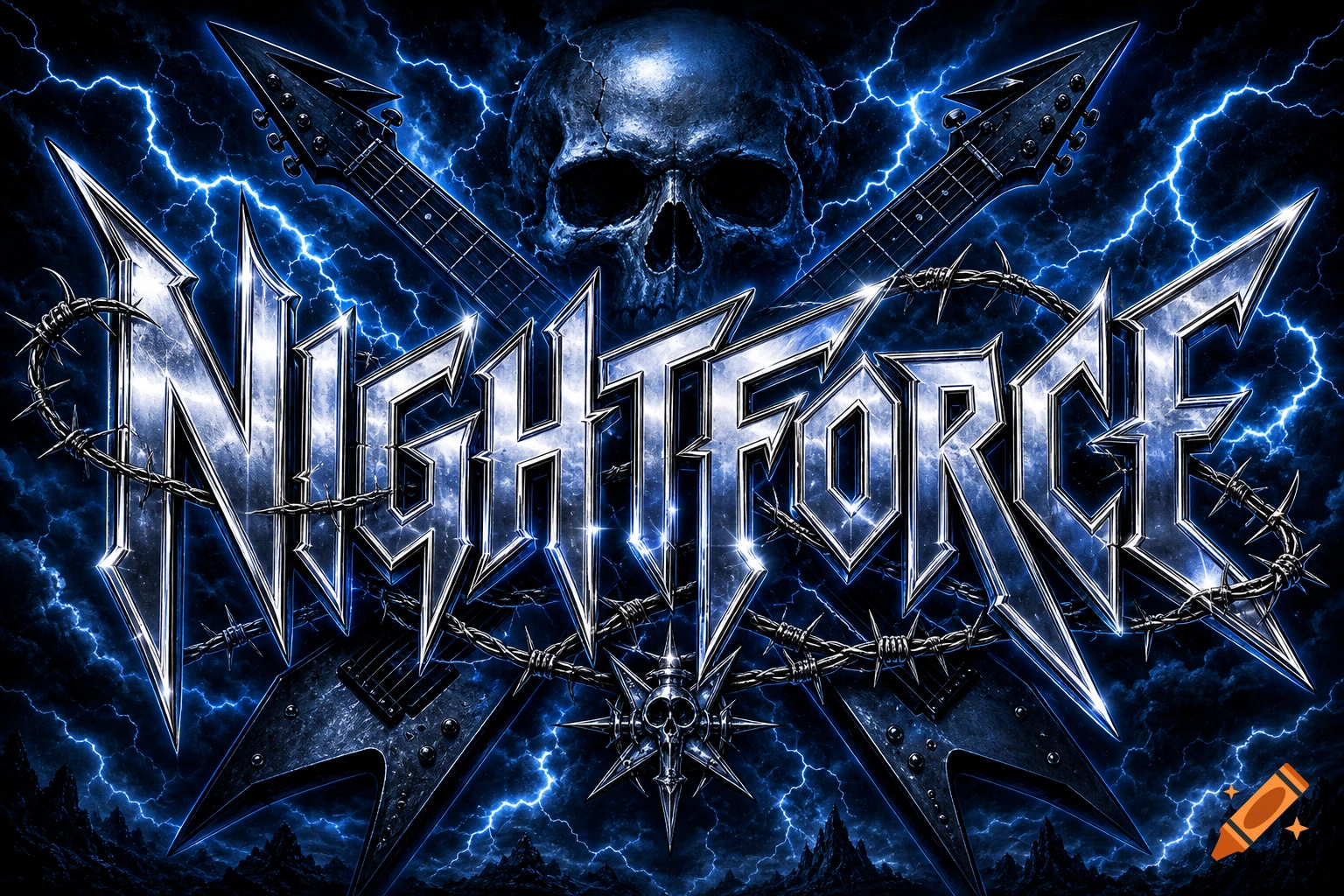 NIGHTFORCE heavy metal logo with a skull, crossed electric guitars, lightning, and barbed wire.
