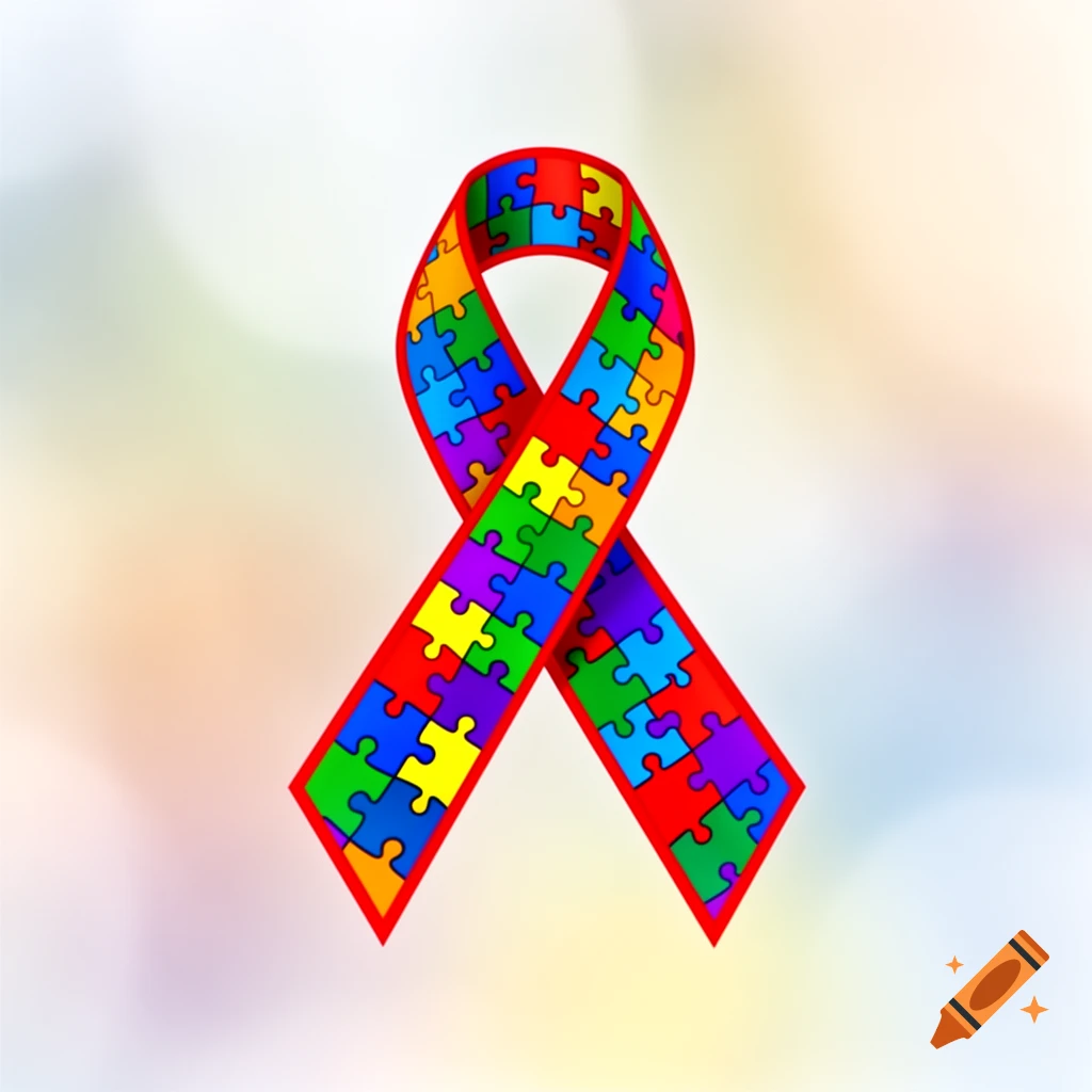 An autism awareness ribbon, composed of colorful puzzle pieces with a red outline, against a soft, light background.