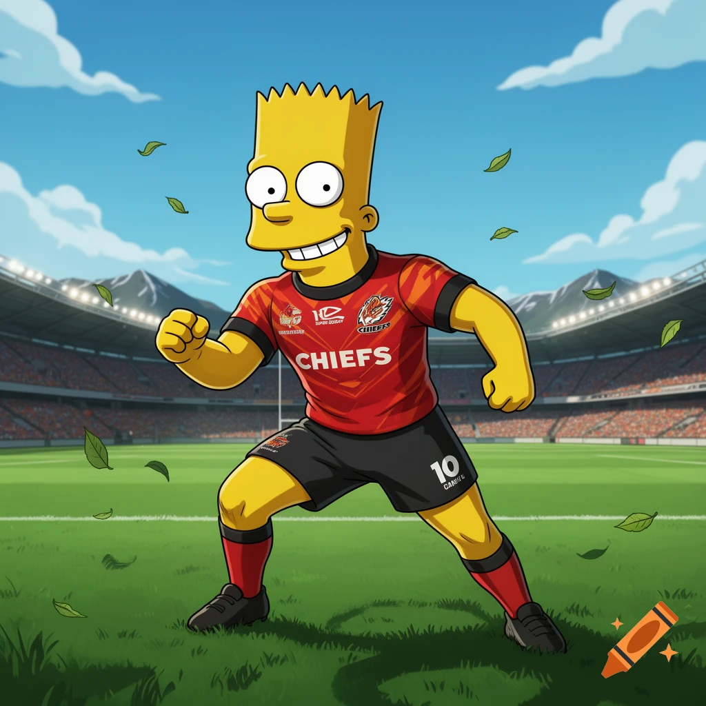 Bart Simpson in a red and black Chiefs rugby uniform with the number 10, running on a green grass field in a stadium with mountains in the background under a blue sky with clouds and falling leaves.