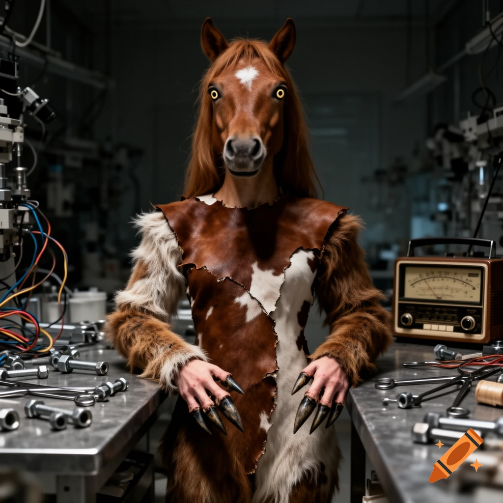An anthropomorphic figure with a horse head, fur arms, and a patched hide dress stands in a dimly lit, cluttered laboratory with tools and an old radio.