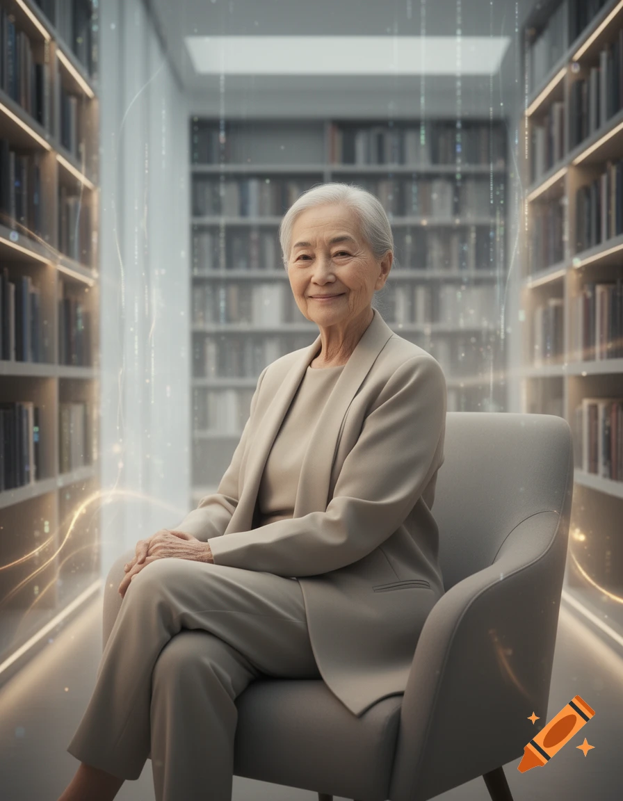 Photorealistic portrait of a smiling elderly woman in a modern, futuristic library with glowing data streams.