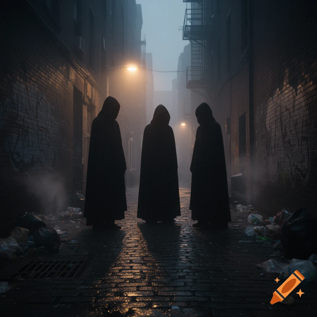 Three dark, hooded figures stand in a misty, trash-strewn urban alley at night, illuminated by dim streetlights.