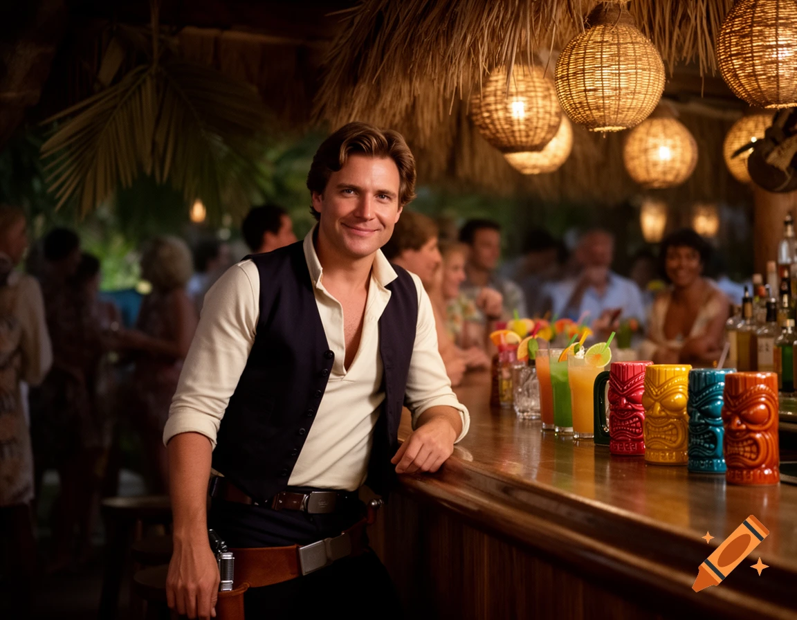 A smiling man in a vest and white shirt leans on a wooden bar, surrounded by colorful tiki drinks and decorative tiki mugs in a dimly lit bar.