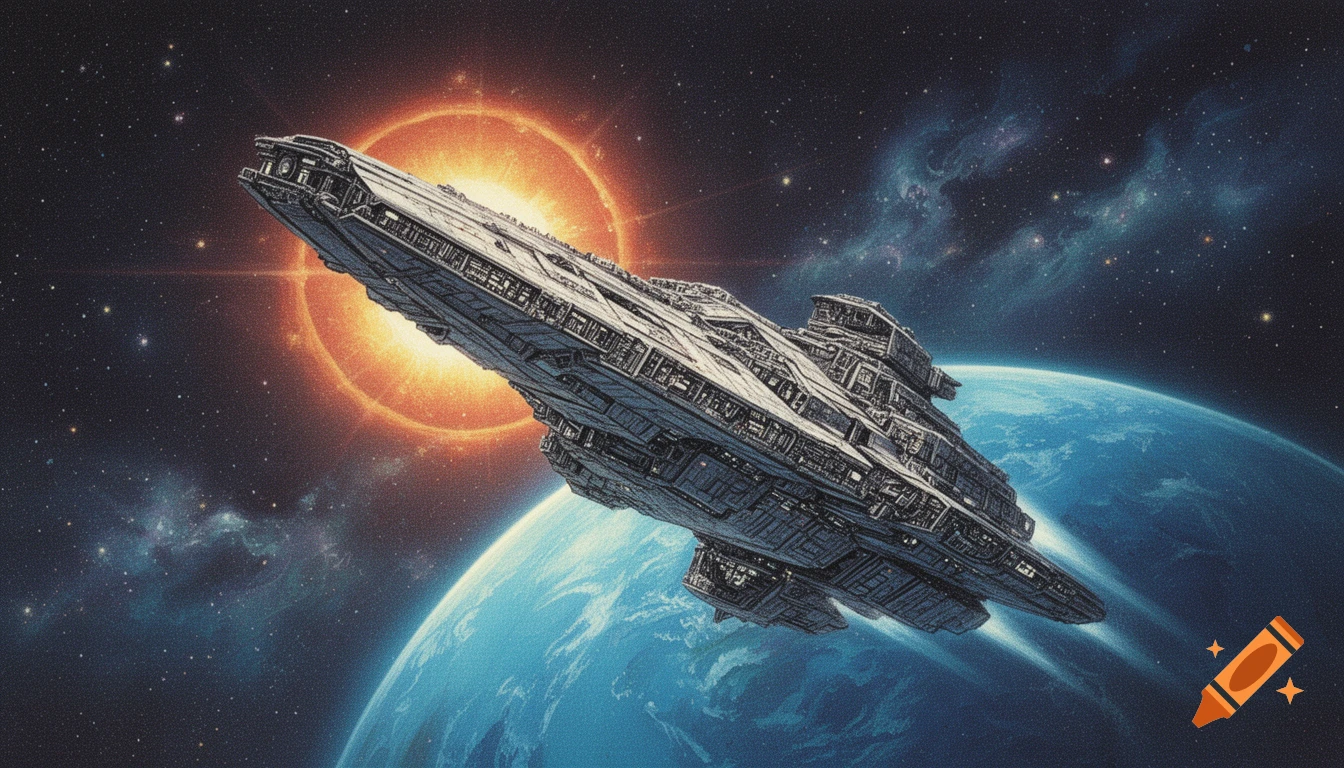A massive, greebled military spaceship descends towards a blue planet, with a bright sun in the cosmic background. Retro 80s sci-fi art style.