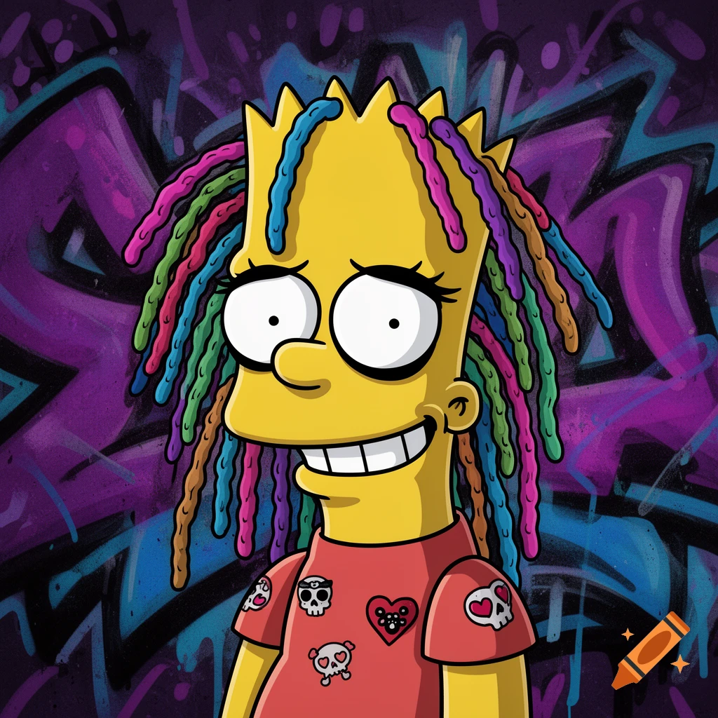 A goofy caricature of Bart Simpson with colorful dreadlocks, a red shirt with skulls and a heart, against a purple graffiti background.
