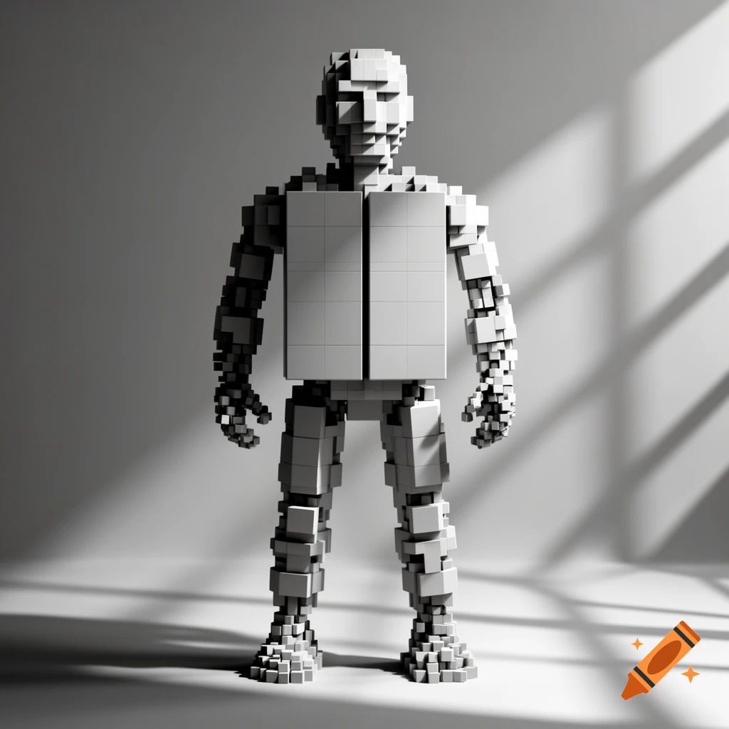 A humanoid figure constructed entirely from light gray and black cubes, standing in a dimly lit space with strong shadows.