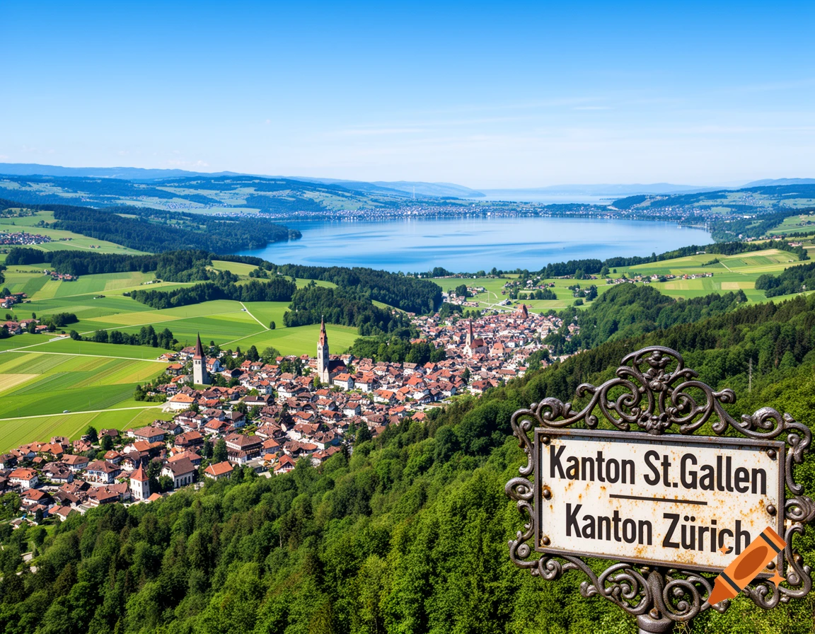 Panoramic photo of a Swiss town with red roofs, church spires, green hills, blue lake, and a sign for 'Kanton St. Gallen' and 'Kanton Zürich'.