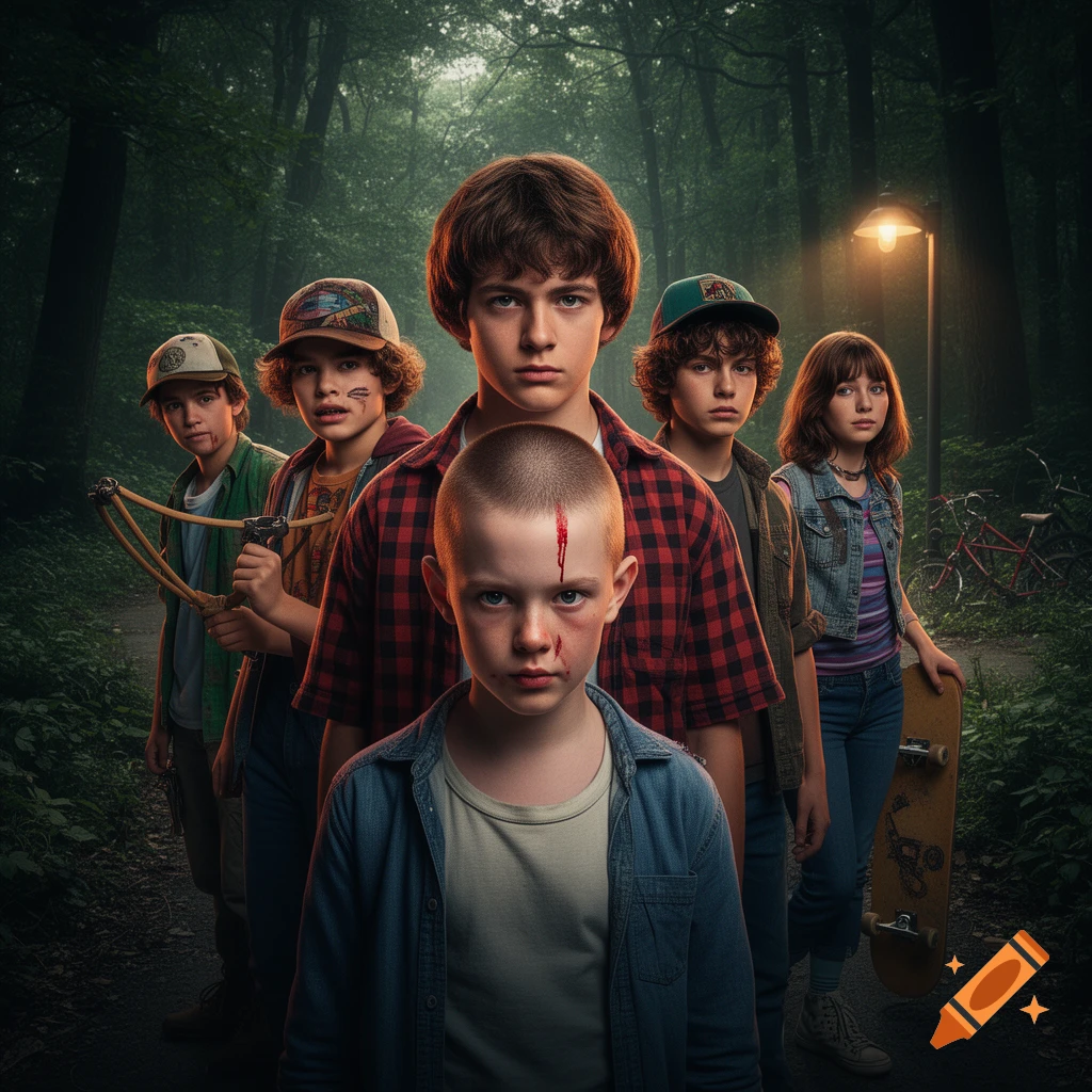 A group of five young friends, resembling Stranger Things characters, stand together in a dark, misty forest. One holds a slingshot, another a skateboard.