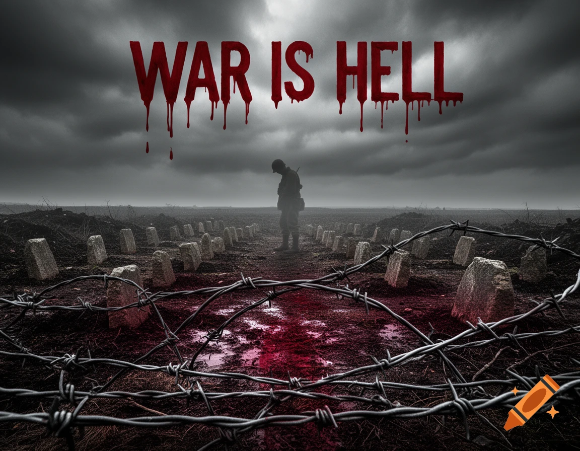A silhouetted soldier stands in a desolate, muddy field with barbed wire, graves, and blood. "WAR IS HELL" drips in red.
