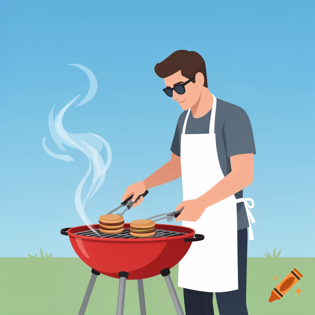 A man wearing an apron and sunglasses grills two burgers on a red barbecue under a clear blue sky, in a vector art style.