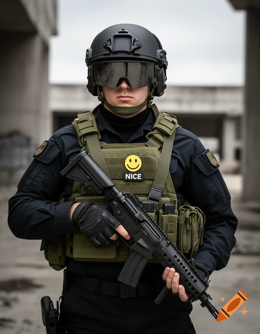 A photorealistic image of a paramilitary law enforcement officer in a black uniform and tactical vest, holding a machine gun. He wears a helmet with dark visor and a yellow smiley face pin with the word "NICE" on his vest.