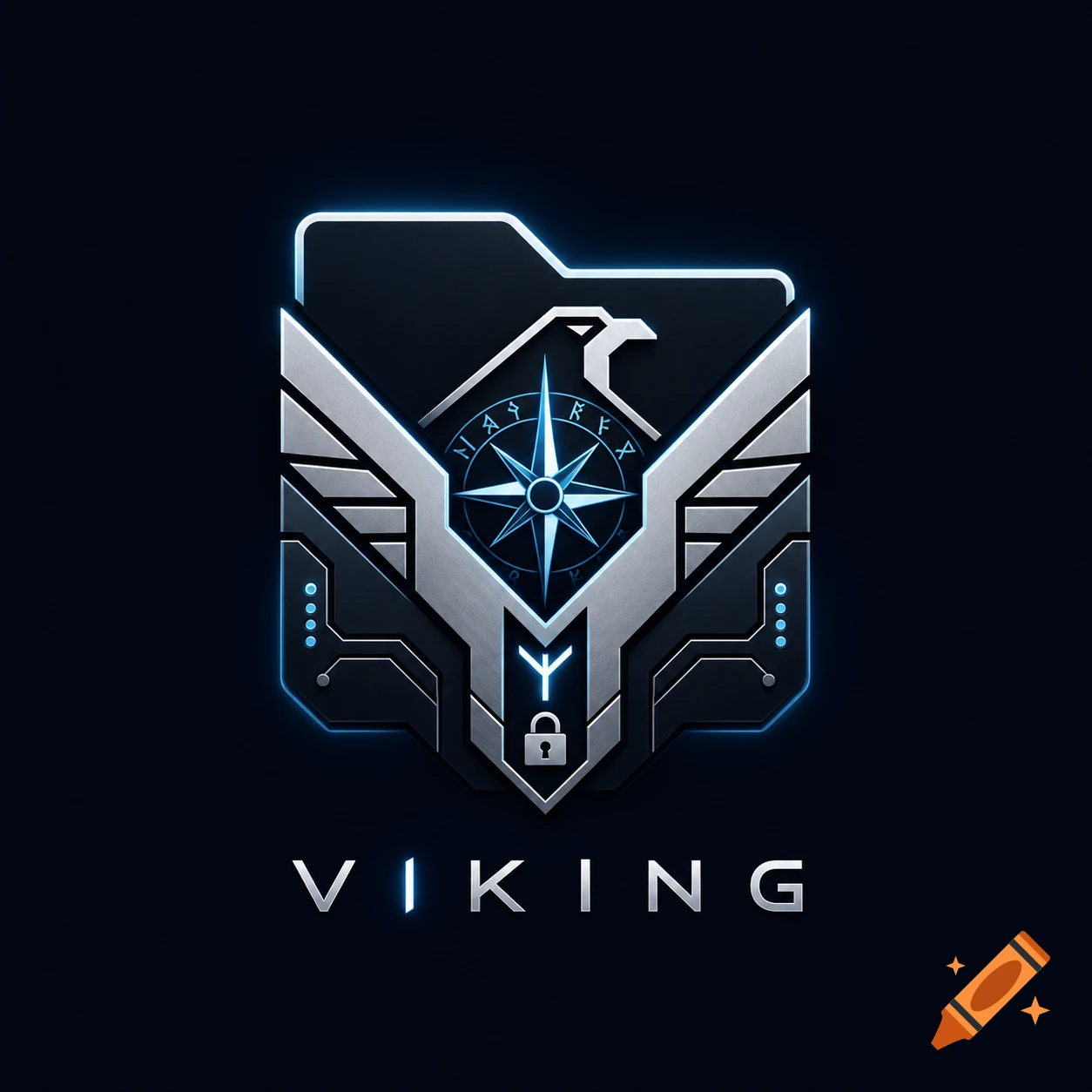 A futuristic black and silver shield logo with blue neon accents, a compass, an eagle, and a padlock, with the word VIKING below it.