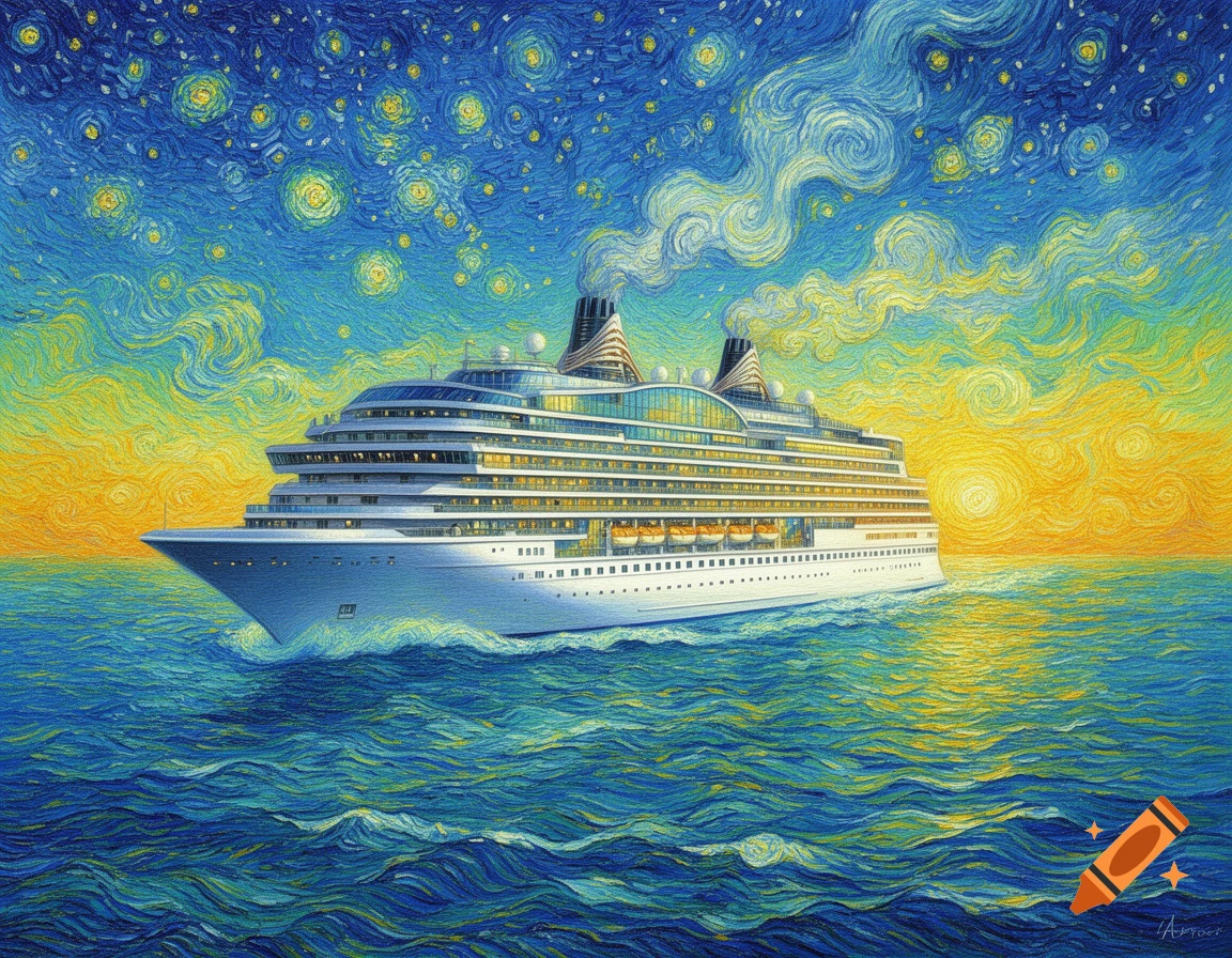 A modern cruise ship sails on a turbulent, starry sea under a swirling, colorful sky in the vibrant style of Van Gogh.