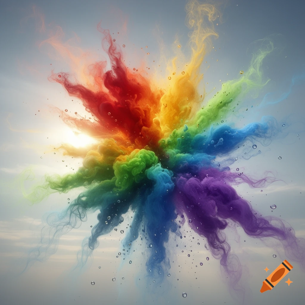 A vibrant, giant rainbow-colored explosion of smoke and liquid against a pale sky, with the sun glowing through.