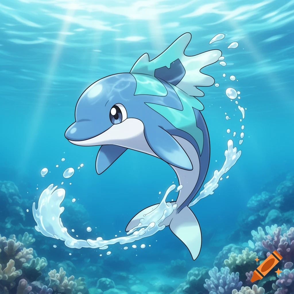 A blue dolphin-like Pokemon swims underwater with water splashes and bubbles. Coral is visible below, and sunlight filters from above.
