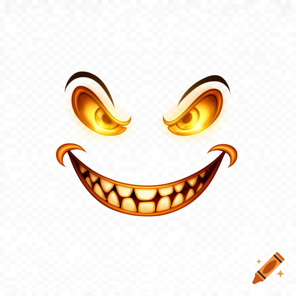 Cartoon jack o' lantern face with glowing orange eyes and a wide, toothy grin on a transparent background.
