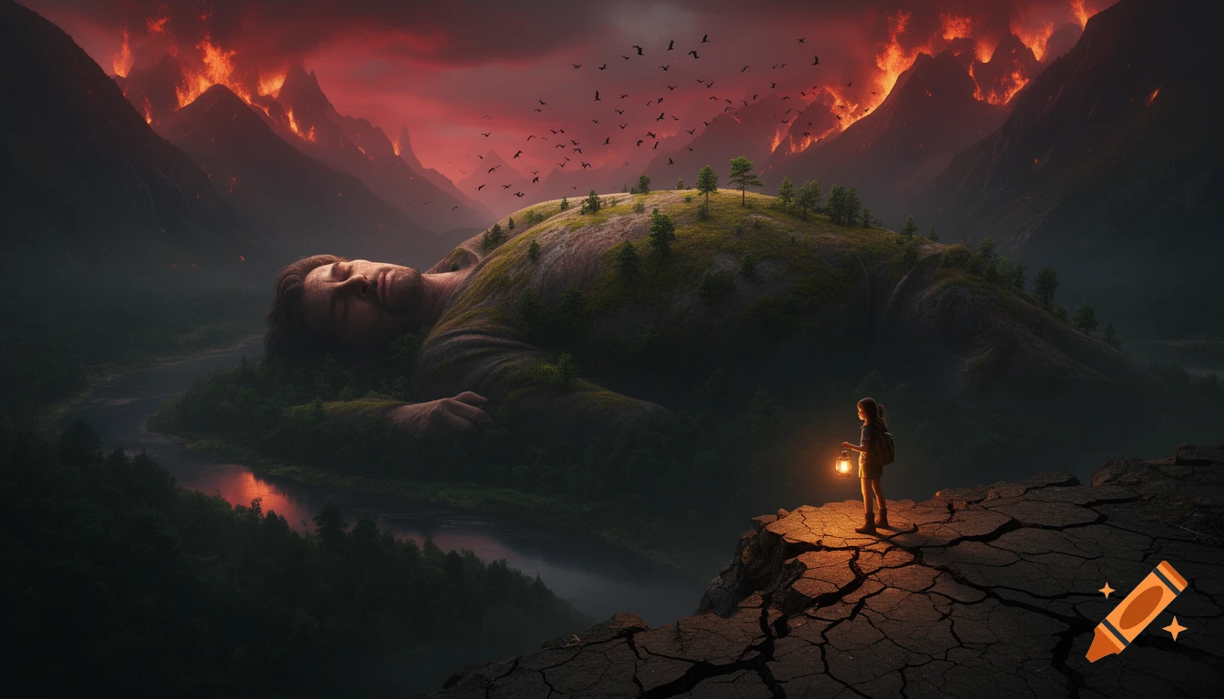 A girl with a lantern stands on cracked earth, overlooking a giant sleeping in a valley. Flaming mountains and a dramatic red sky.