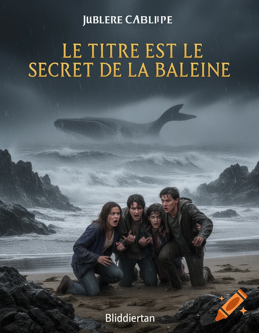 Four teenagers look scared on a stormy beach as a giant whale emerges from the ocean. Text on the image reads "LE TITRE EST LE SECRET DE LA BALEINE".