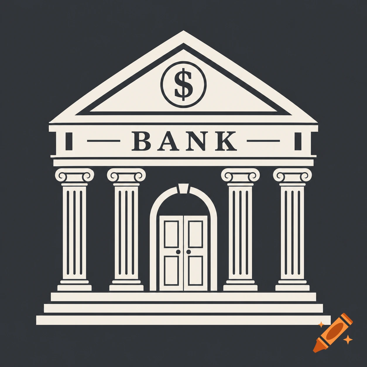 Minimalist flat icon of a bank building with columns, a dollar sign on the pediment, and the word BANK below it.