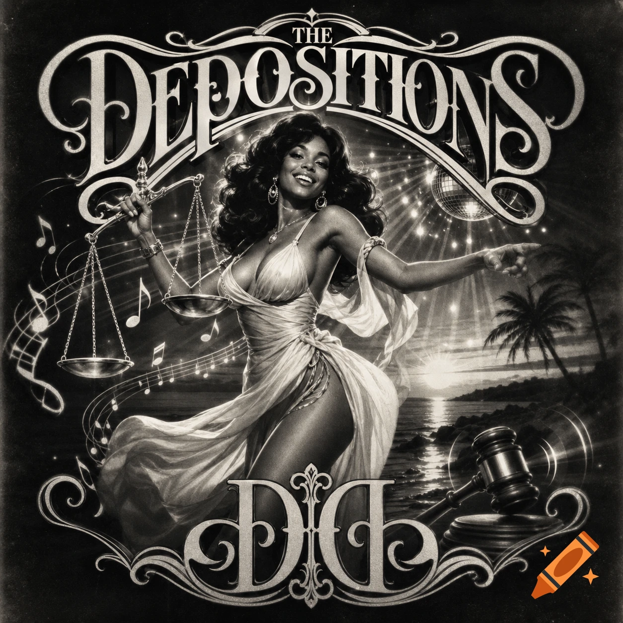Black and white album art of a dancing woman as Lady Justice holding scales, surrounded by music notes, a disco ball, and a coastal sunset. Text reads "THE DEPOSITIONS" and "DIA".