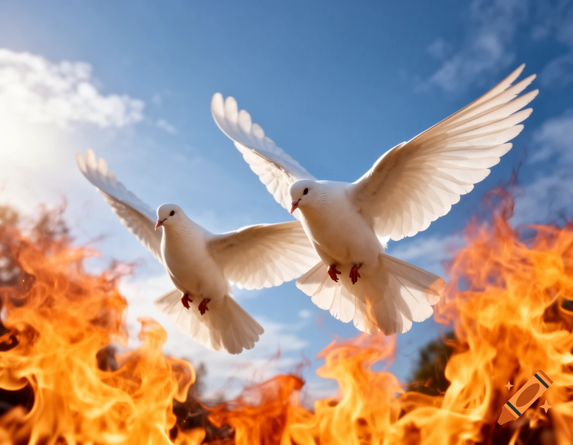 Two white doves fly majestically above vibrant orange flames against a bright blue, cloudy sky.