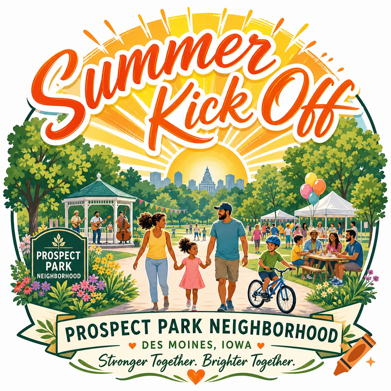 Vibrant illustration of a 'Summer Kick Off' logo for Prospect Park Neighborhood, Des Moines, Iowa, showing families in a park.