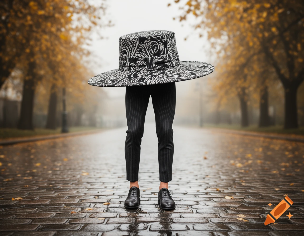 A large patterned hat with legs and dress shoes stands on a wet cobblestone path in an autumn park.