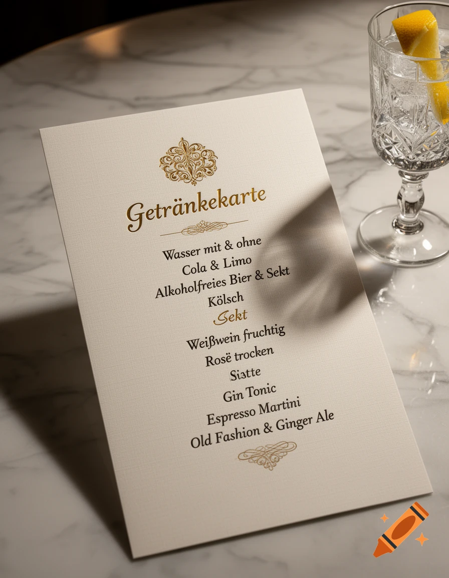 A luxurious cream-colored drink menu with golden text, featuring a decorative motif, next to a crystal glass with ice and a lemon twist on a marble table, with soft shadows.