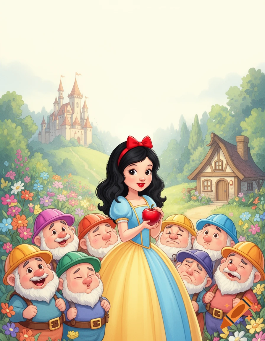 A storybook illustration shows Snow White in a yellow and blue dress with a red bow, holding a red apple, surrounded by seven cheerful dwarfs with colorful hats. In the background are a castle, a cottage, and a flowering forest.