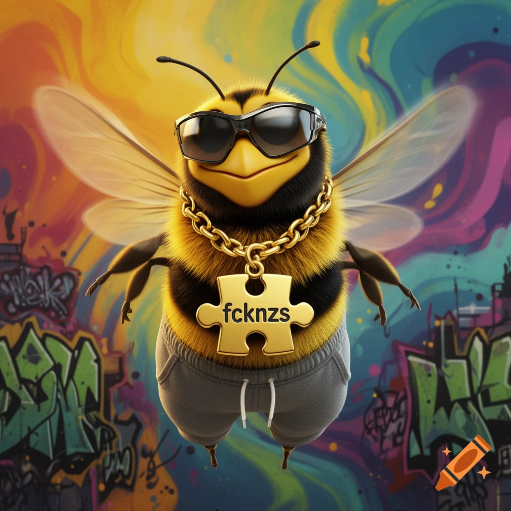 A 3D cartoon bee wearing sunglasses, a gold chain with a "fcknzs" puzzle piece pendant, and grey sweatpants, flying in front of colorful graffiti.