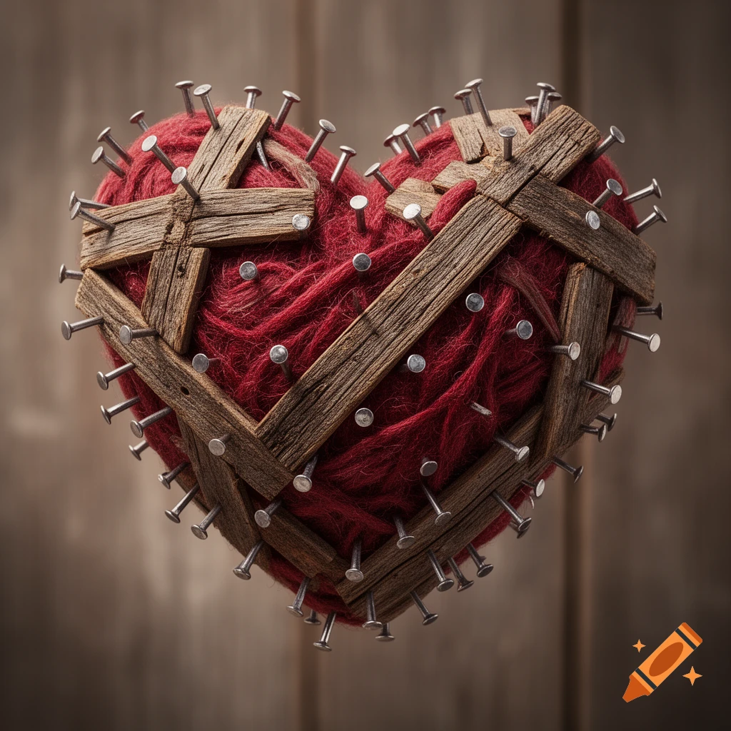 A heart made of red yarn is held together by distressed wooden planks and numerous metal nails.