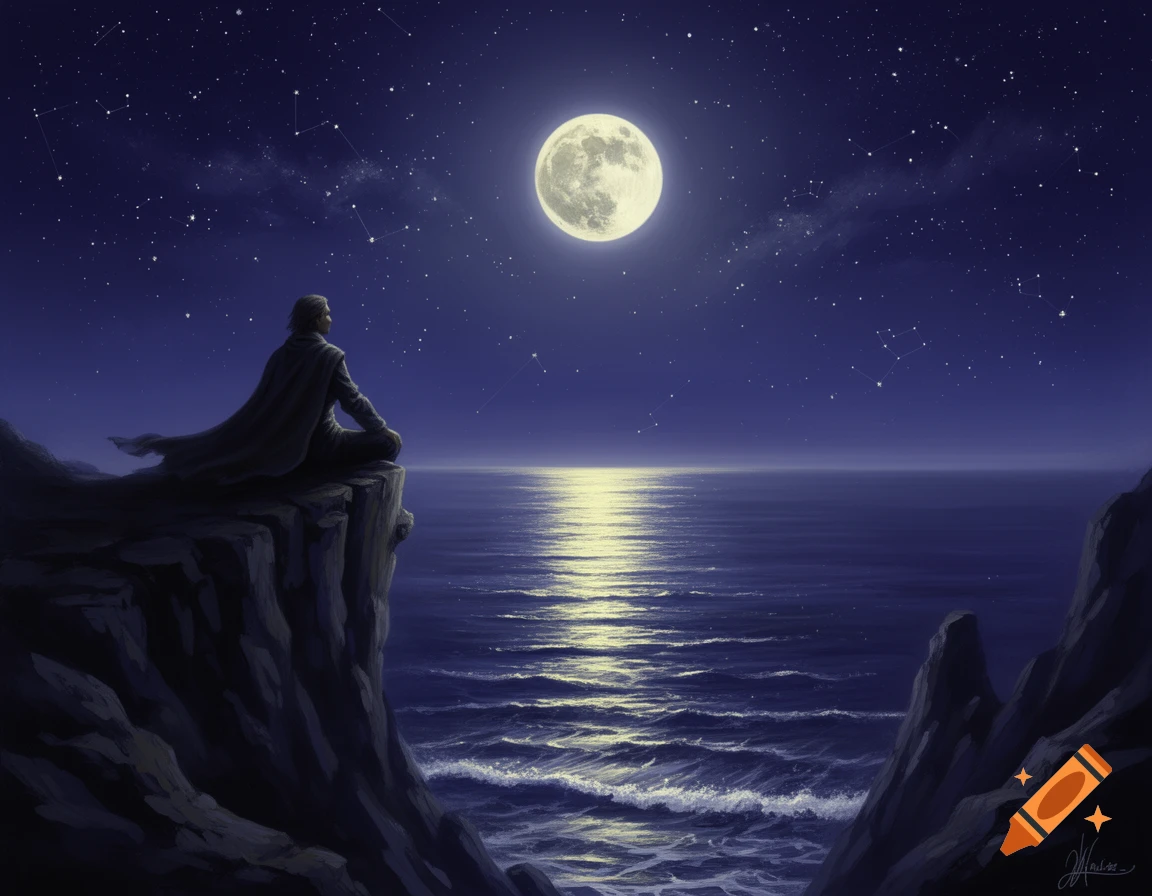 A cloaked figure sits on a dark cliff, gazing at a bright full moon reflecting on a vast, starry night ocean. Digital painting.