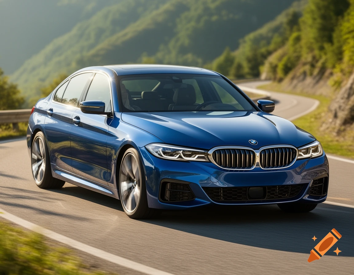 A blue BMW sedan drives on a winding mountain road under a sunny sky in a photorealistic style.