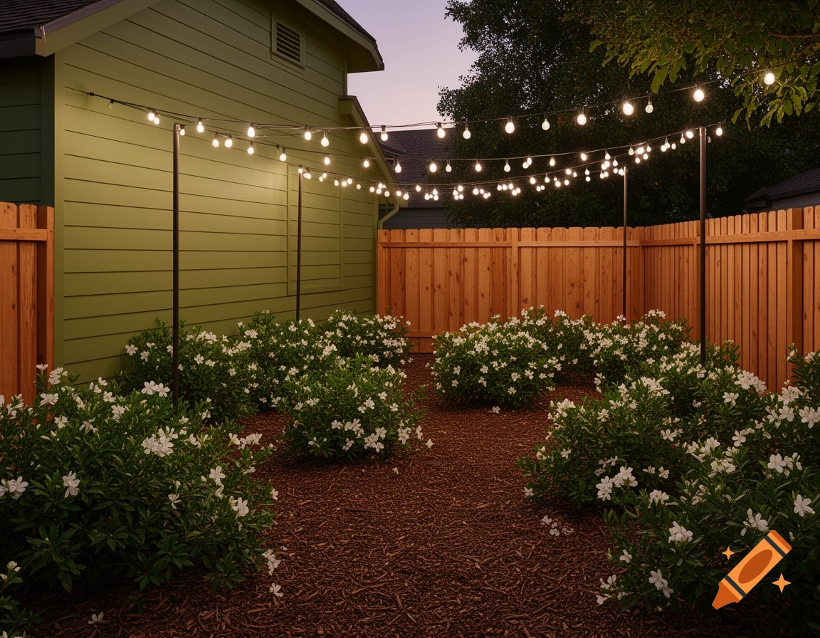 Cozy backyard at dusk with white string lights, white flowers, mulch, a green house, and a wooden fence.