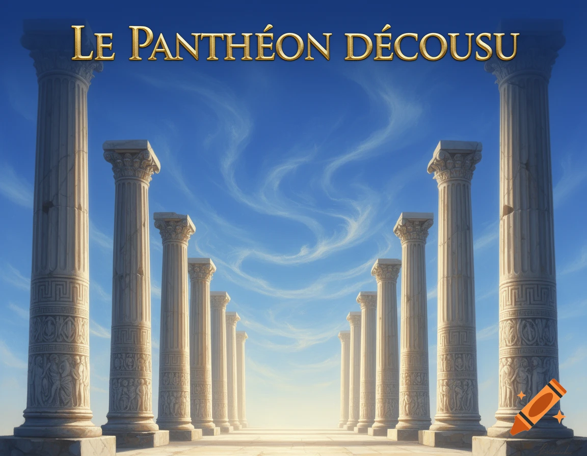 Gold text 'LE PANTHEON DÉCOUSU' above a row of ancient Greek columns receding into the distance under a blue sky.